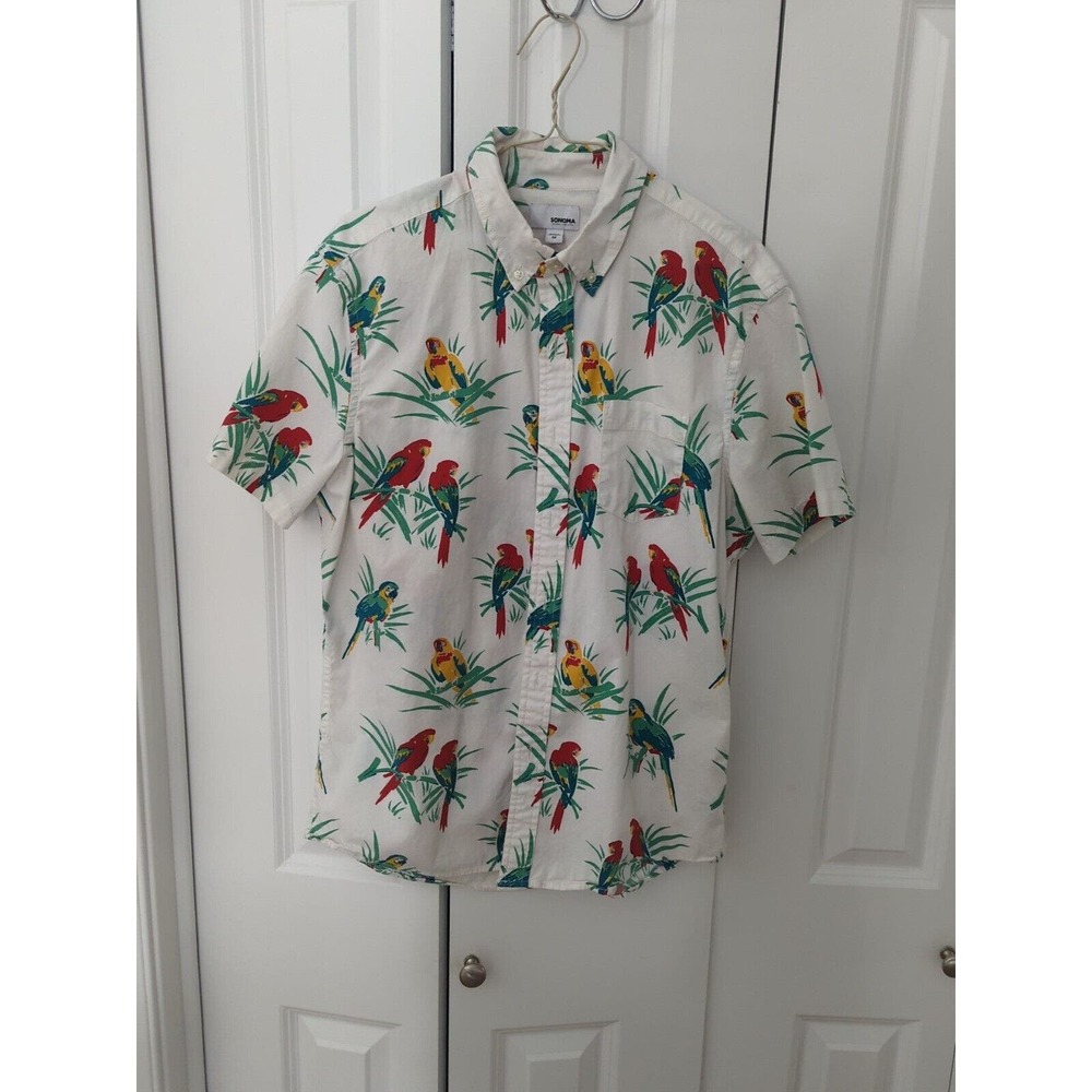 Mens Tropical Hawaiian Parrot Shirt Medium Button Down W/Pocket